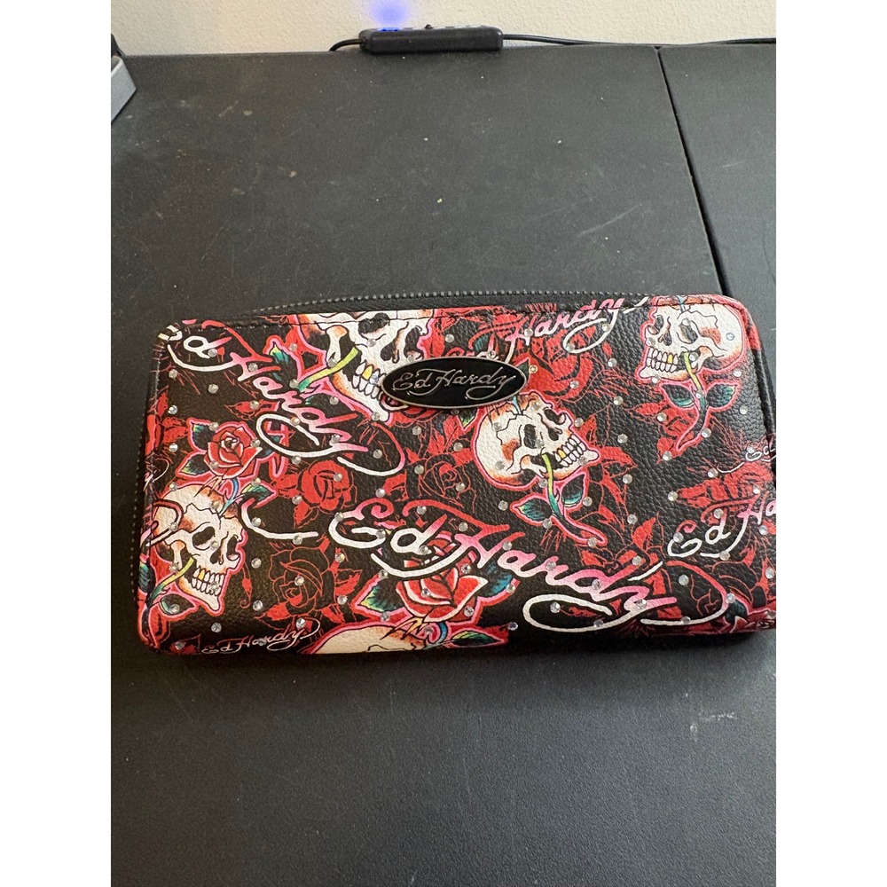 Ed Hardy Skulls and Roses Rhinestone Zip Around Wallet Black Red Tattoo Print